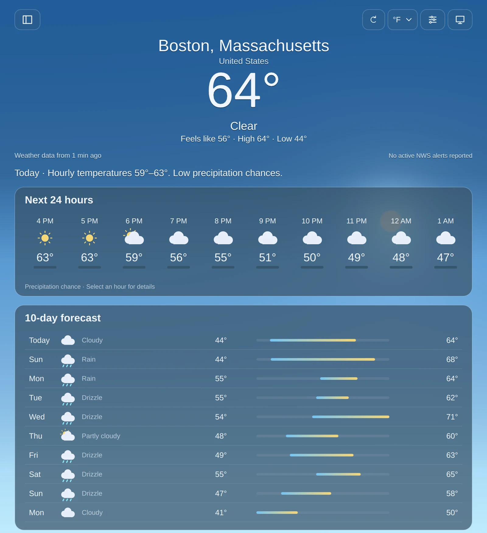 A Weather App desktop forecast for Boston, with hourly and ten-day weather panels.