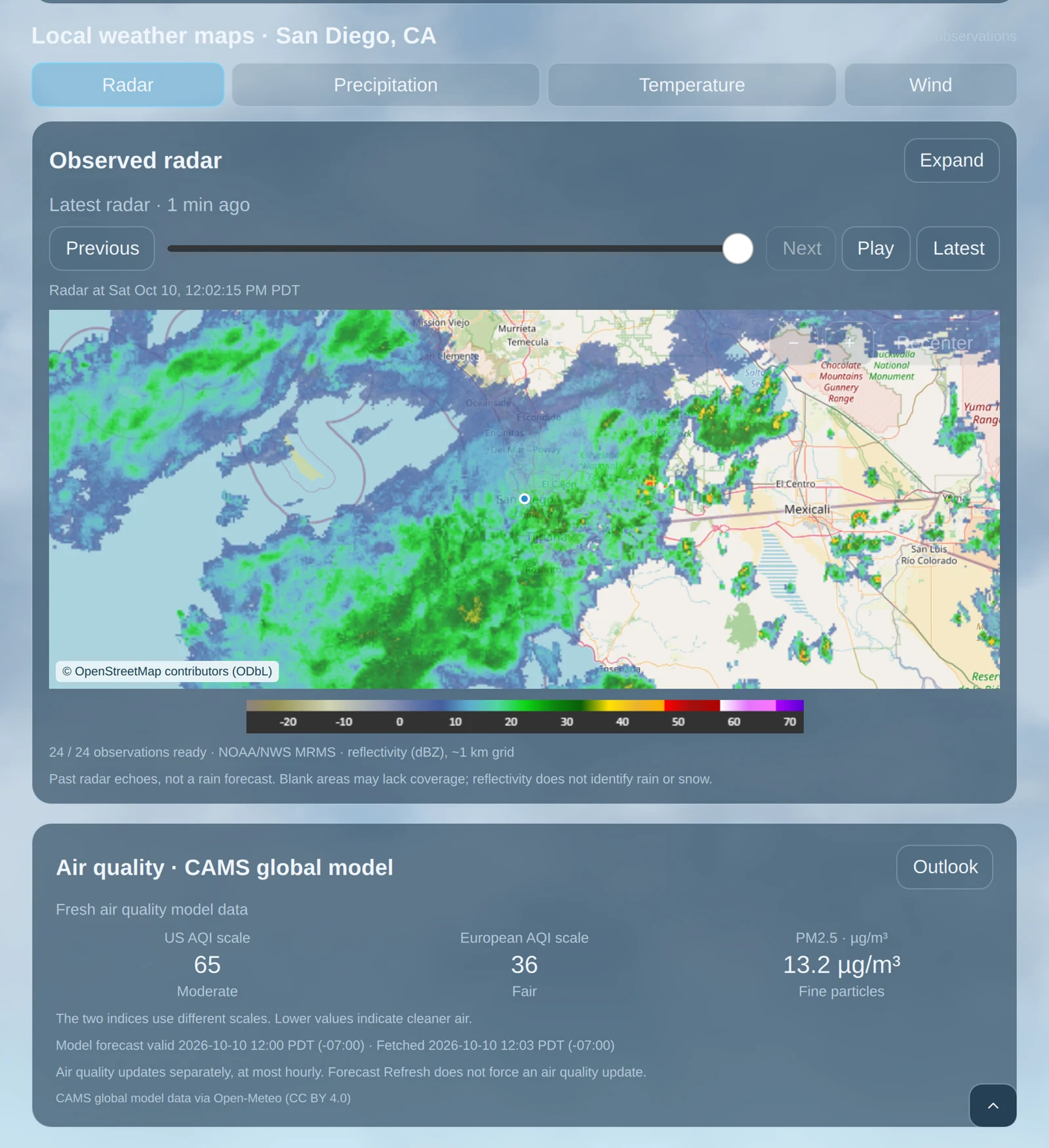 Desktop app observed radar around San Diego, including map and radar-source attribution.